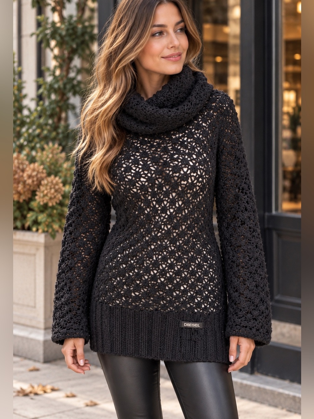 Diesel Black Crochet Open Knit Cowl Neck Sweater Tunic Y2K size small